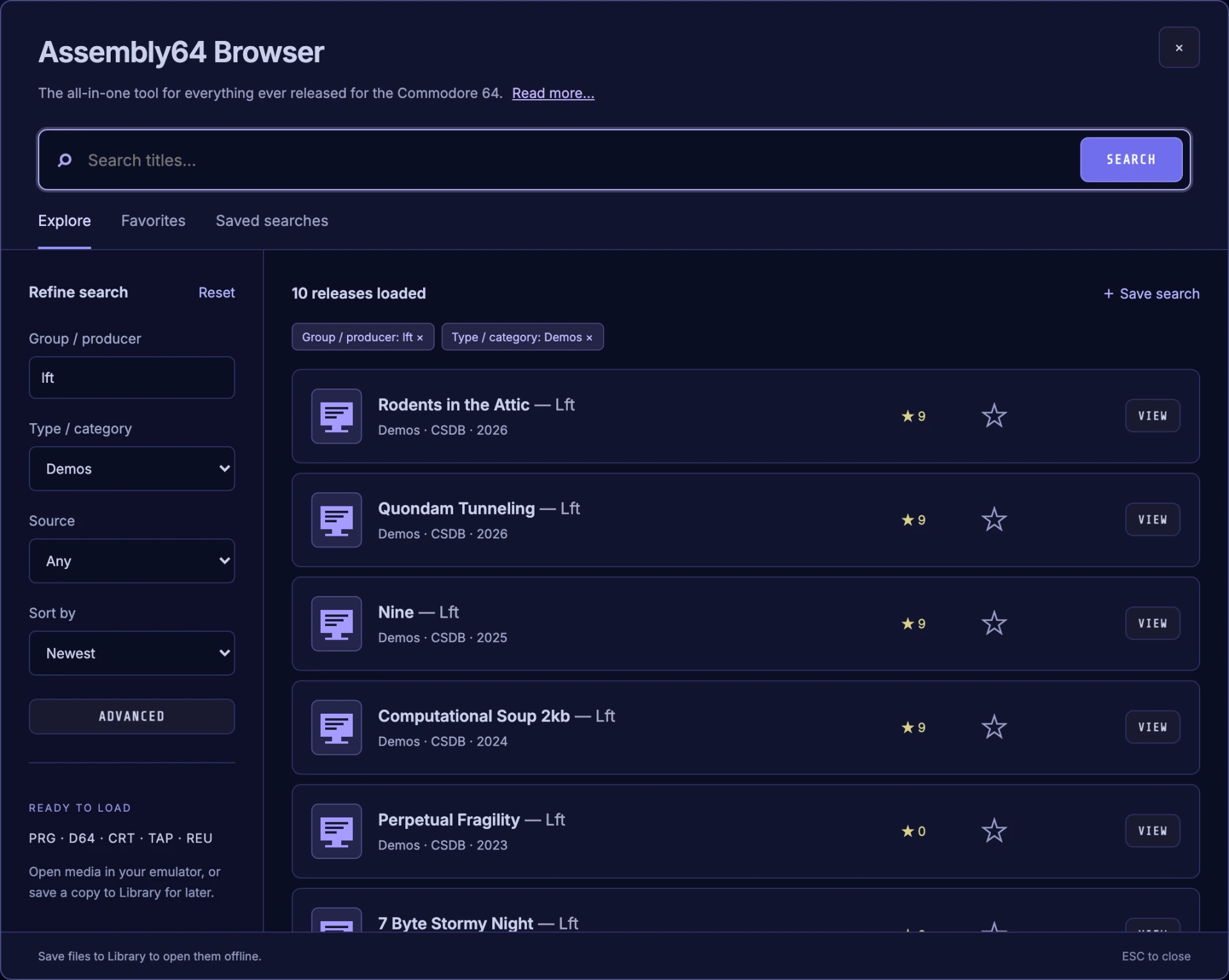 The Assembly64 Browser showing demo search results for Group / producer lft.