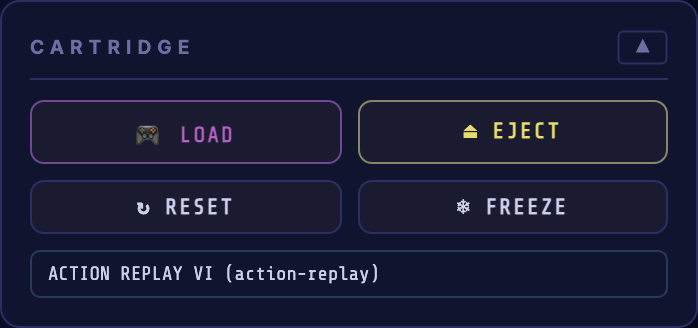 The Cartridge card with a freezer cartridge loaded — LOAD and EJECT on the first row, RESET and FREEZE on the second, and the cartridge name (ACTION REPLAY VI) below.