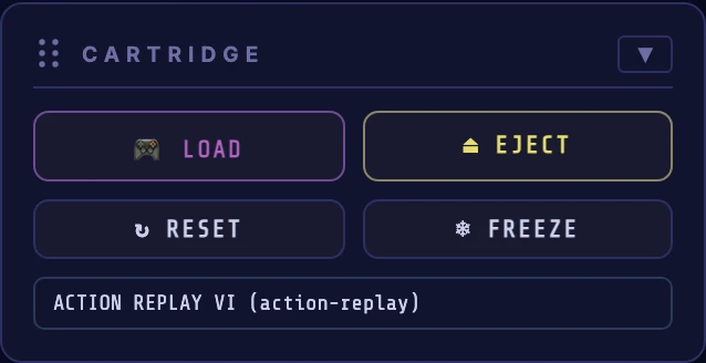 The Cartridge card with a freezer cartridge loaded: LOAD and EJECT on the first row, RESET and FREEZE on the second, and the cartridge name (ACTION REPLAY VI) below.