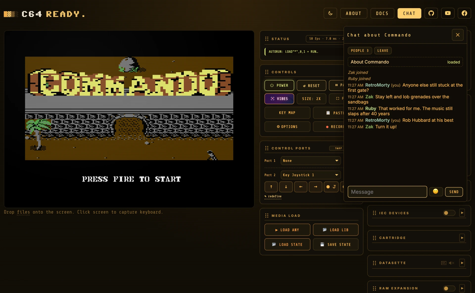 The chat window floating beside Commando's title screen: a room titled "Chat about Commando", marked as loaded, where three people trade tips about the game.