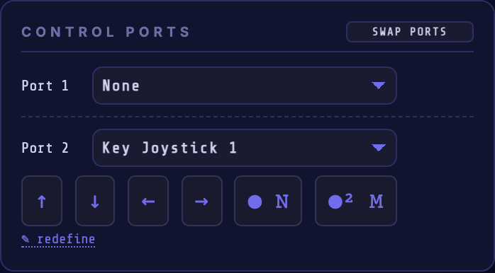 The Control Ports card with a SWAP PORTS button and Port 1 / Port 2 device selectors; Port 2 is set to Key Joystick 1, showing its row of clickable key chips.