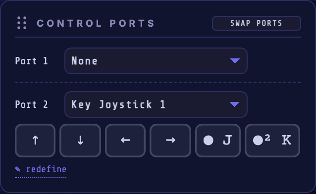 The Control Ports card with a SWAP PORTS button and Port 1 / Port 2 device selectors; Port 2 is set to Key Joystick 1, showing its row of clickable key chips.