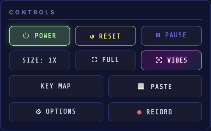 The Controls card with POWER, RESET, PAUSE, SIZE, FULL, VIBES, KEY MAP, PASTE, OPTIONS and RECORD buttons.