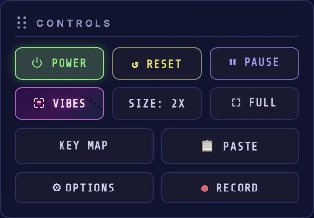 The Controls card with POWER, RESET, PAUSE, SIZE, FULL, VIBES, KEY MAP, PASTE, OPTIONS and RECORD buttons.
