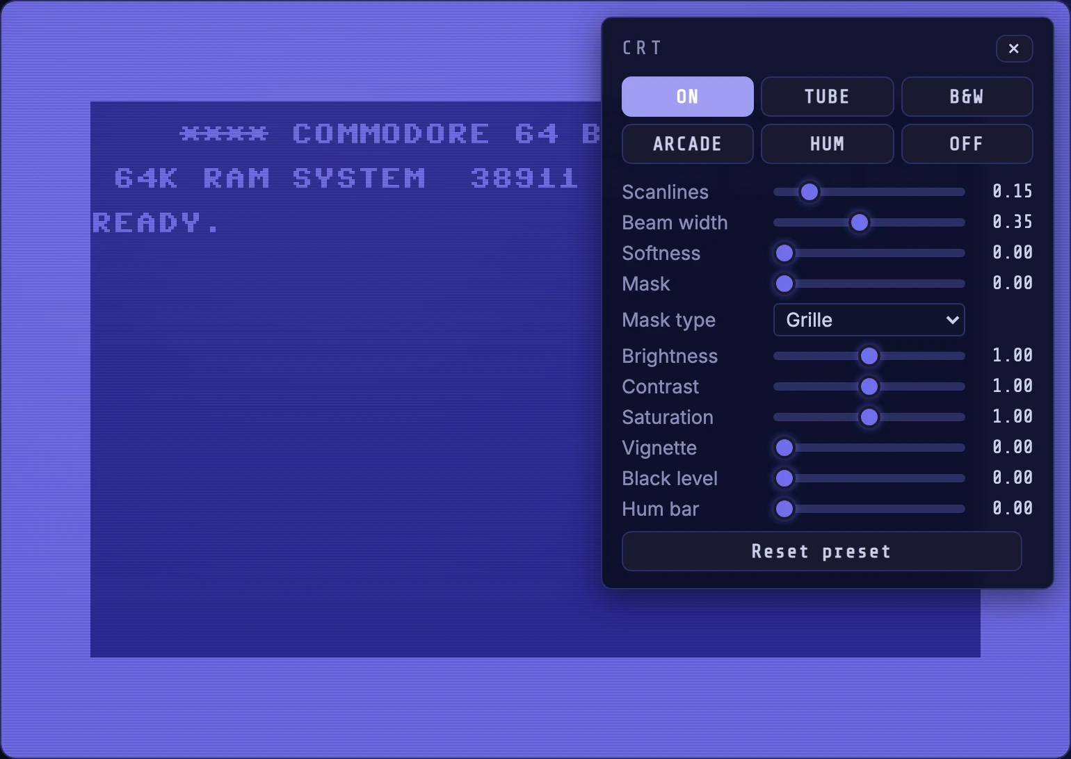 The CRT settings panel floating over the top-right of the picture: six look buttons with ON selected, sliders for scanlines, beam width, softness, mask, brightness, contrast, saturation, vignette, black level and hum bar, a mask type selector, and a Reset preset button.