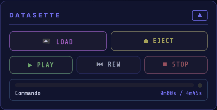 Animation of the Datasette card loading the Commando tape — PLAY engaged, the motor dot lit green, the progress bar filling and the timer counting up from 0m00s.