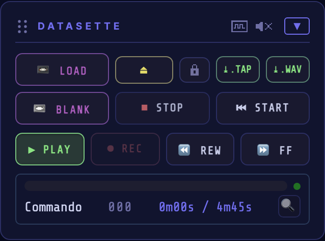 Animation of the Datasette card loading the Commando tape: PLAY latched, the motor dot lit green, the bar and timer climbing.