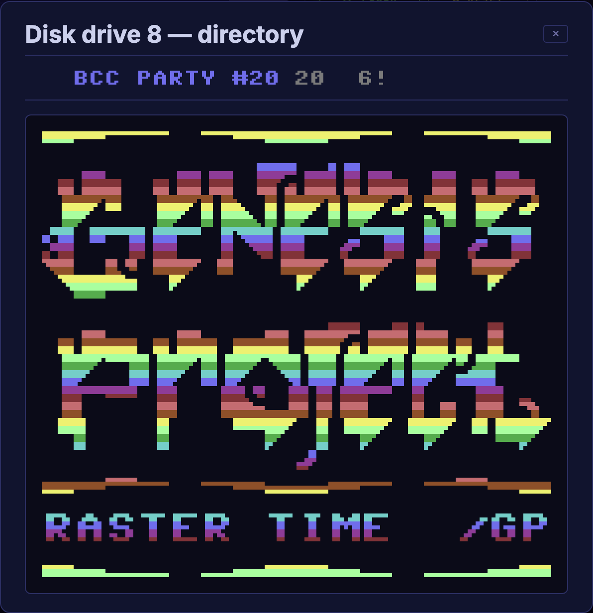 The Directory zoom viewer showing a disk's directory enlarged — a rainbow PETSCII "Genesis Project" logo over "Raster Time", hidden in the filenames, reads as a full picture.