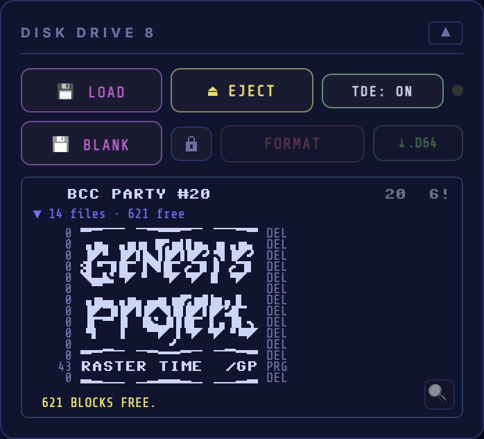 Disk drive 8 with a disk inserted — LOAD, BLANK, EJECT, write-protect, FORMAT and EXPORT buttons over a TDE toggle, the disk name, and the directory listing with a magnifier button.