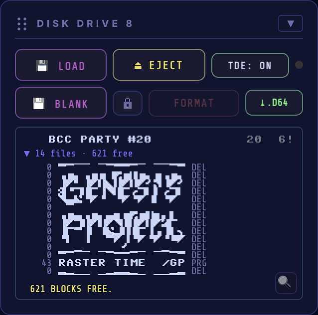 The Disk Drive 8 panel: LOAD, BLANK, FORMAT and .D64 export controls above a directory whose filenames form PETSCII artwork