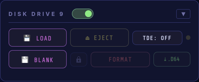 Disk drive 9 powered on, showing its power switch and the same LOAD, BLANK, EJECT, write-protect, FORMAT, EXPORT and TDE controls as drive 8.