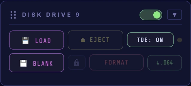 Disk drive 9 powered on, showing its power switch and the same LOAD, BLANK, EJECT, write-protect, FORMAT, EXPORT and TDE controls as drive 8.