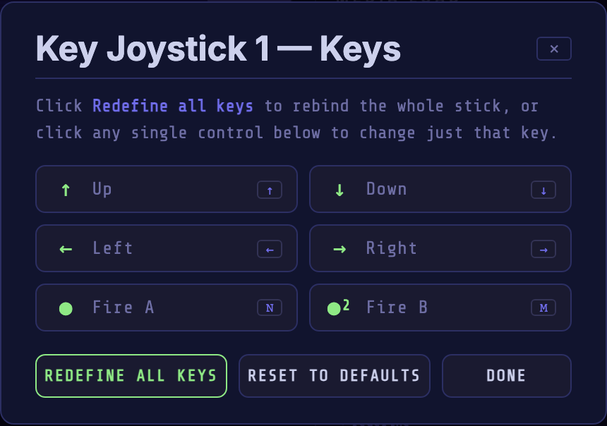 The Key Joystick dialog listing Up / Down / Left / Right / Fire A / Fire B bindings with REDEFINE ALL KEYS, RESET TO DEFAULTS and DONE buttons.