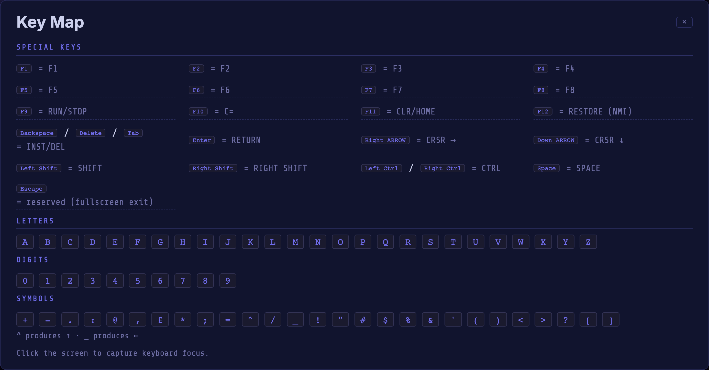 The Key Map dialog showing the PC-to-C64 key mapping for special keys, letters, digits and symbols.