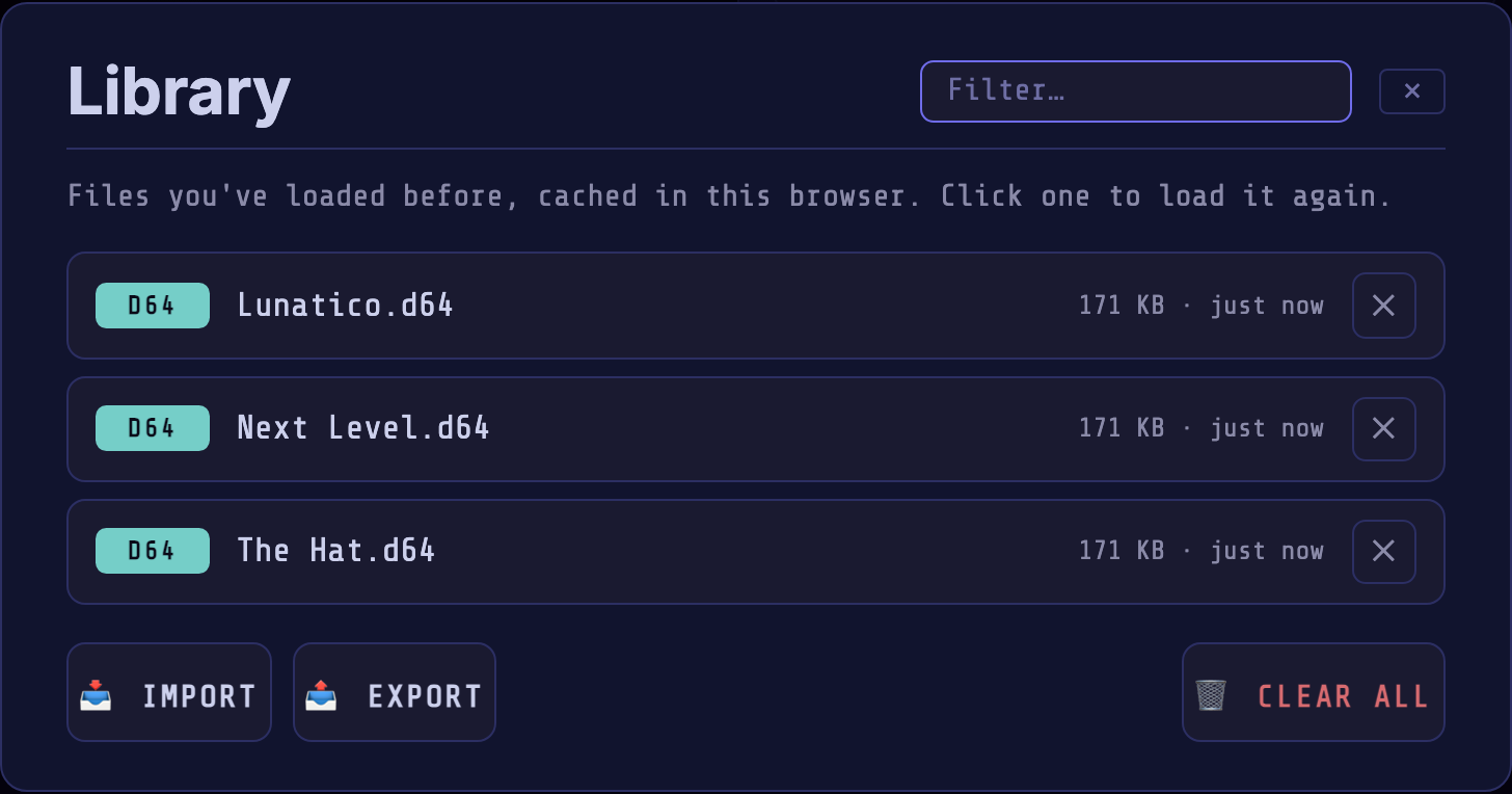 The Library dialog listing three cached disk images — each with a D64 type badge, its filename, size and load time and a ✕ remove button — with a filter box and the IMPORT / EXPORT / CLEAR ALL buttons.