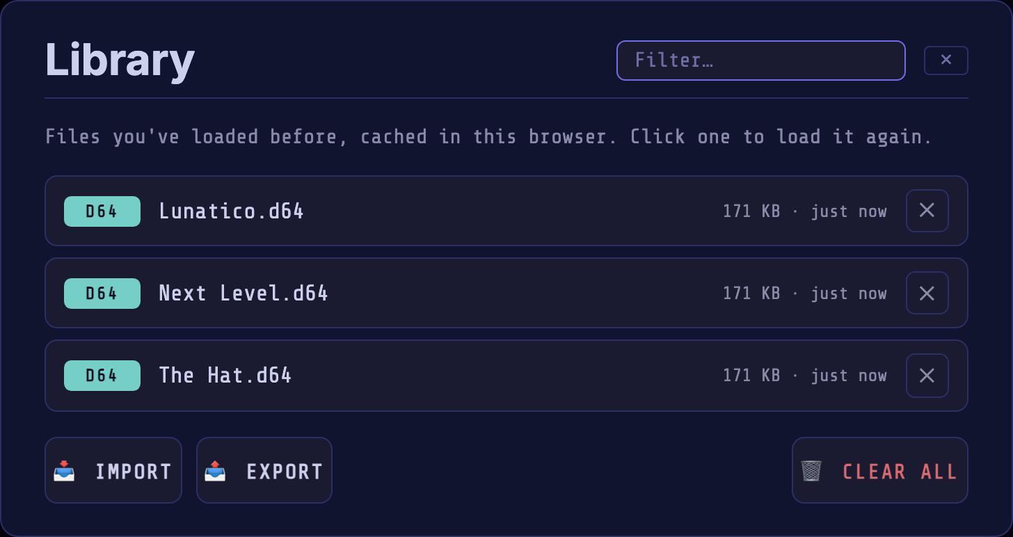 The Library dialog listing three cached disk images, each with a D64 type badge, its filename, size and load time and a ✕ remove button, with a filter box and the IMPORT / EXPORT / CLEAR ALL buttons.