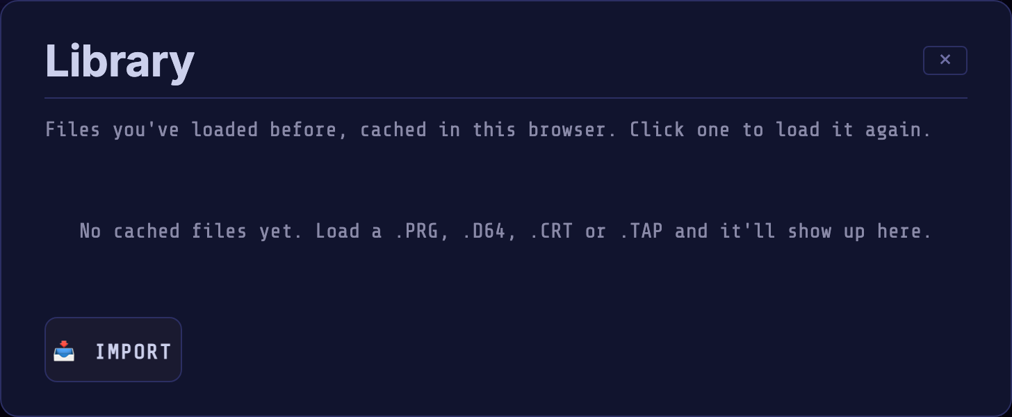 The empty Library dialog before any file has been cached.