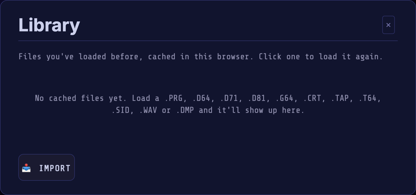 The empty Library dialog before any file has been cached.