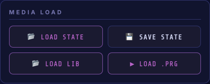 The Media load card with LOAD STATE, SAVE STATE, LOAD LIB and LOAD .PRG buttons.