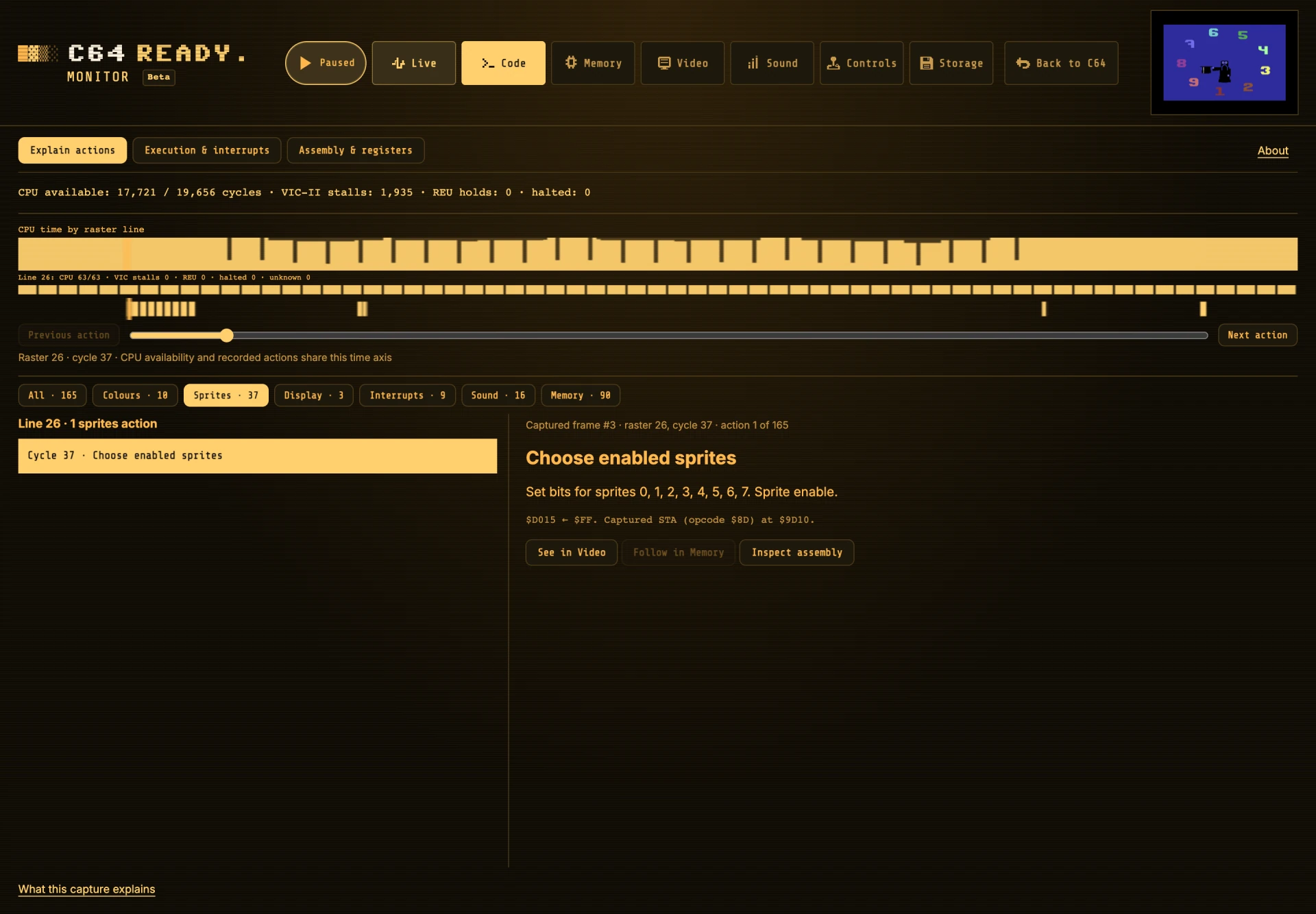 Code explaining captured video-register writes, with a frame cycle budget and raster-line map.