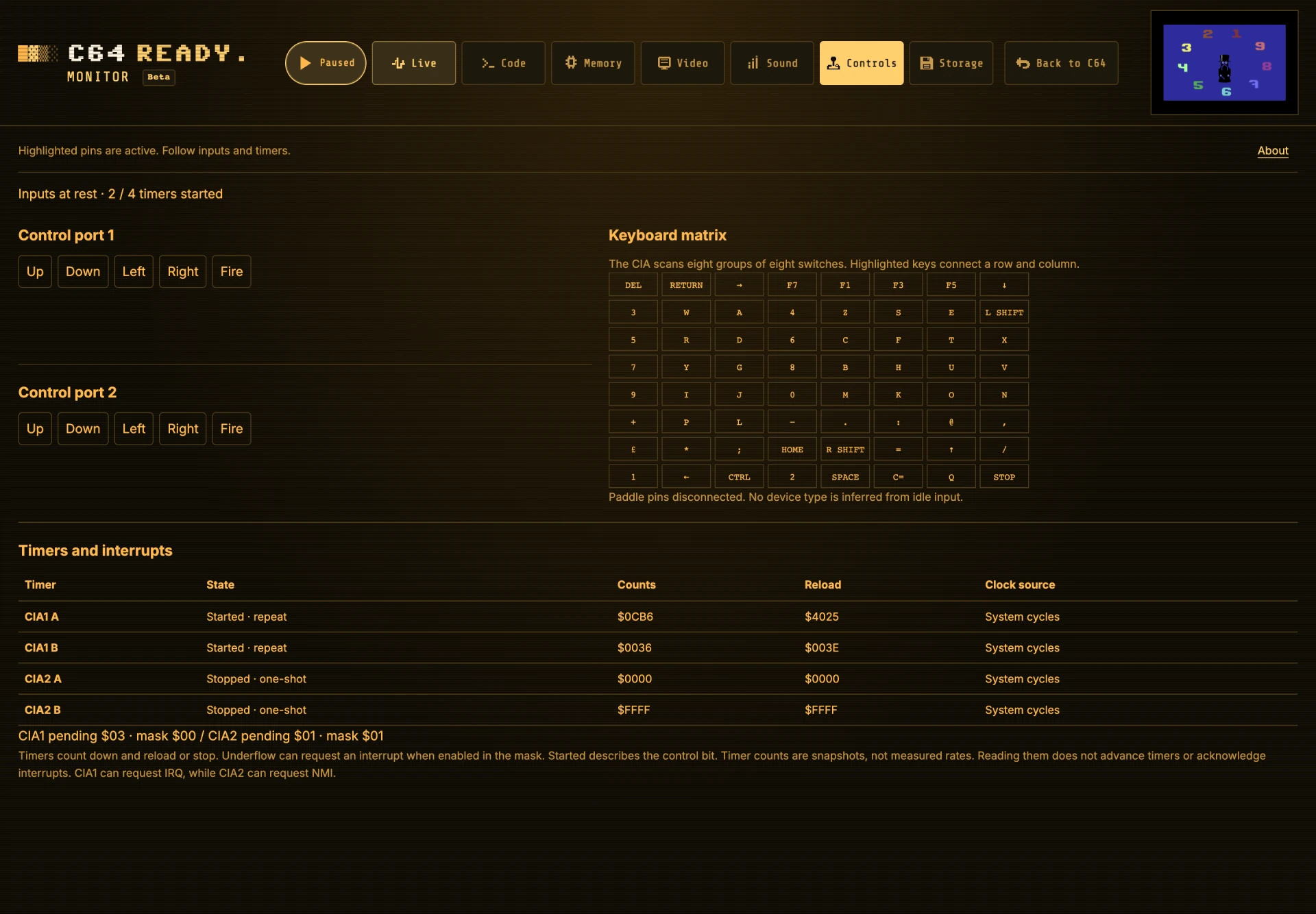 Controls showing the keyboard matrix, control ports and CIA timers.