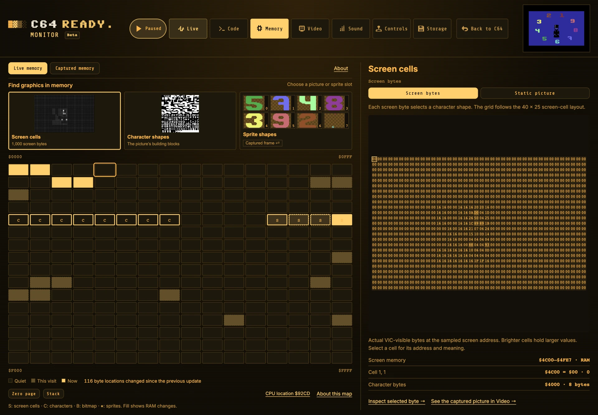 Memory showing graphics sources, the RAM map and screen bytes.