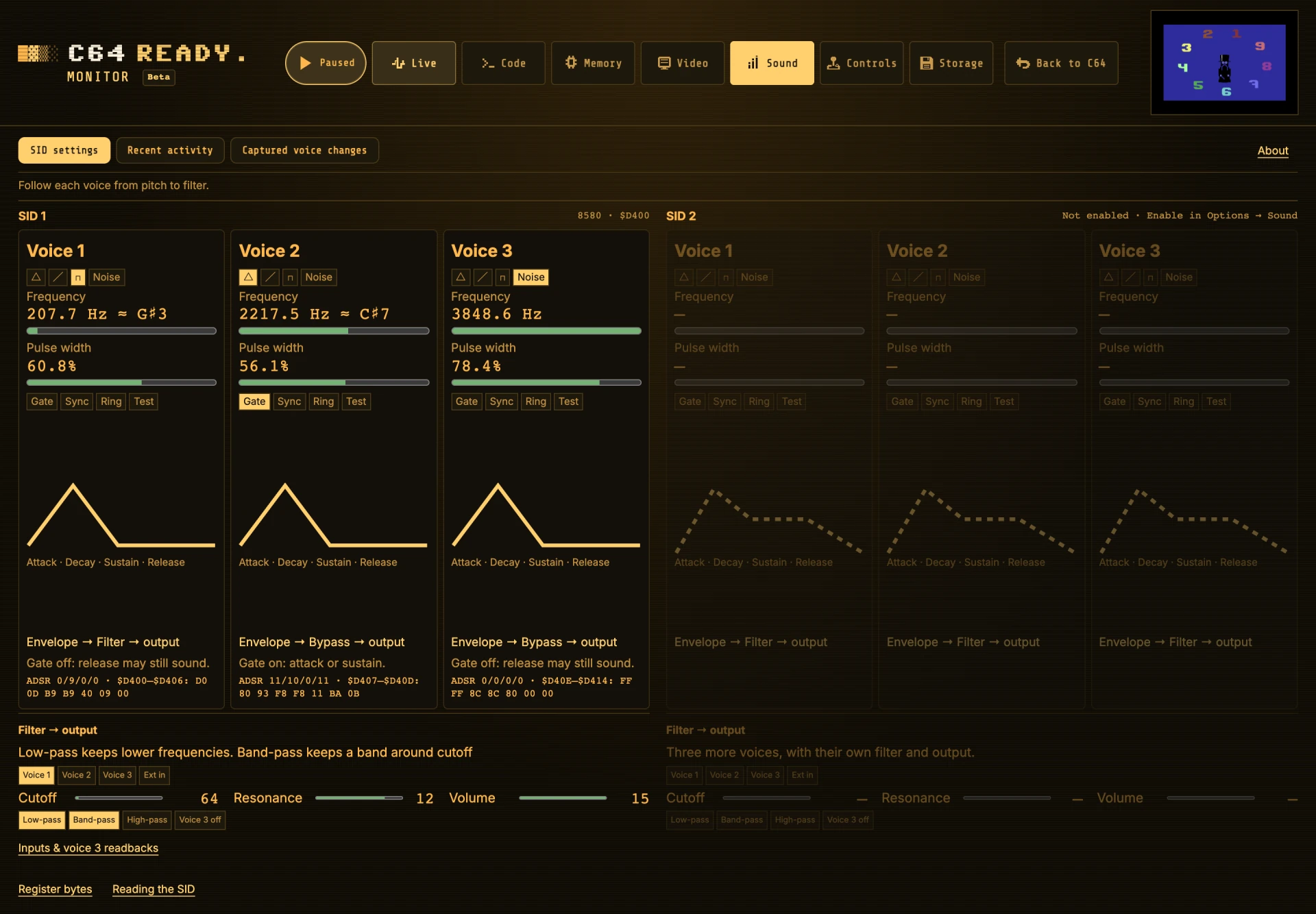 Sound displaying SID voice settings, waveforms, envelopes and filter controls.