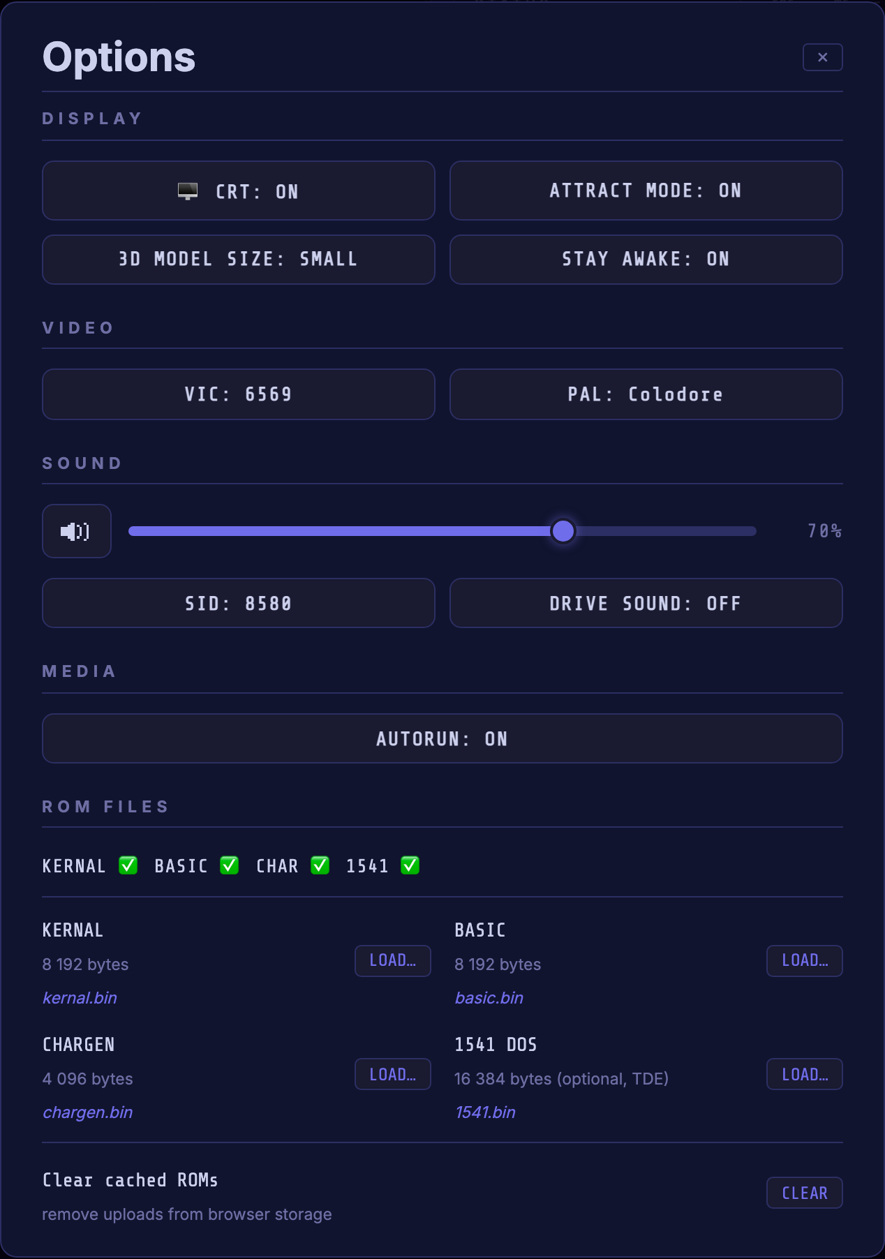The Options dialog with Display, Video, Sound, Media and ROM Files sections.