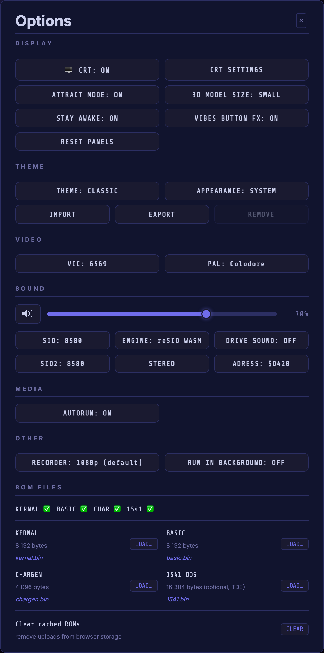 The Options dialog with Display, Video, Sound, Media, Other and ROM Files sections.
