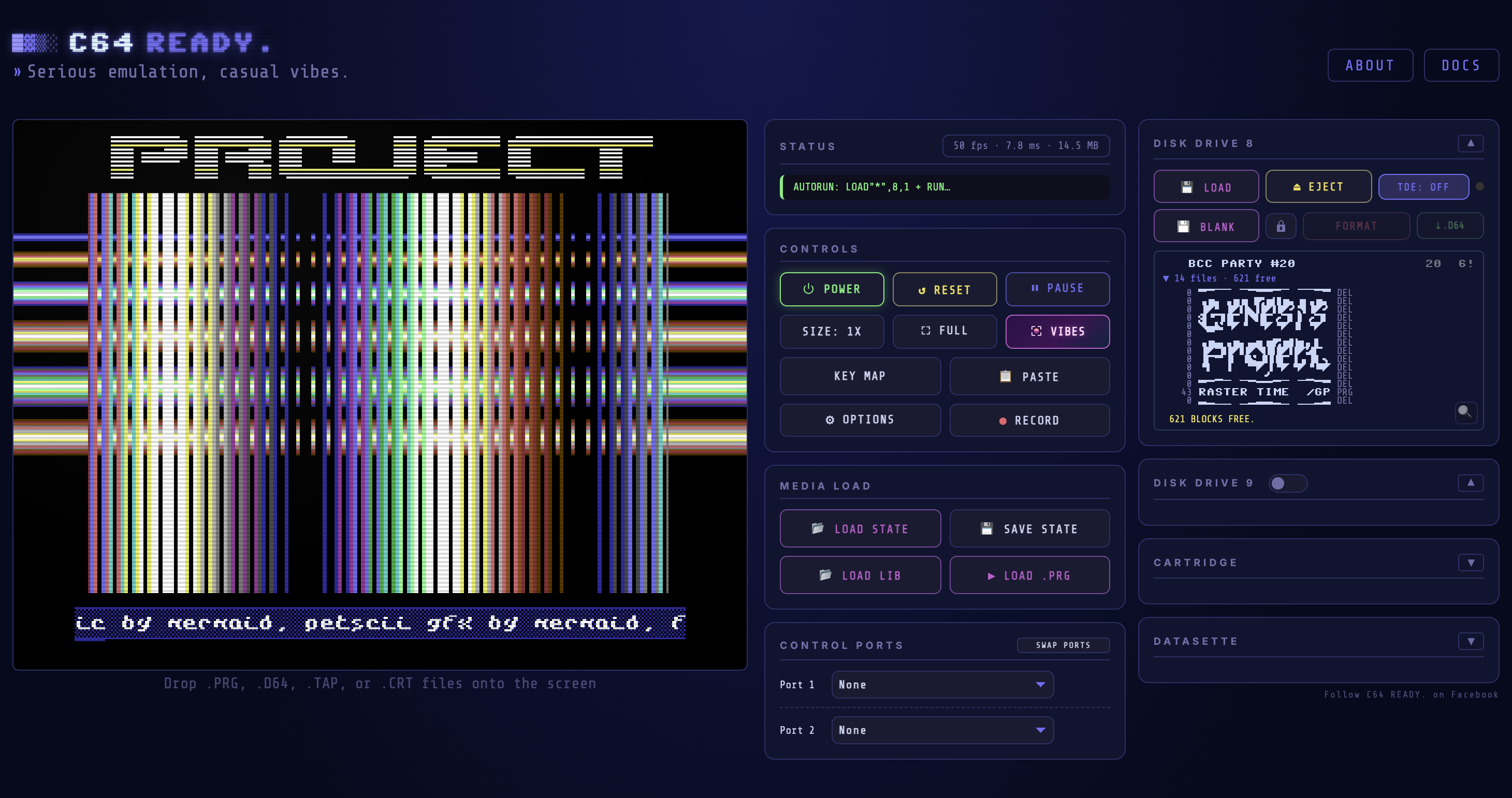 The interface running the raster_time demo — dense, colourful rasterbars beneath the scrolling logo, while a disk sits in drive 8.