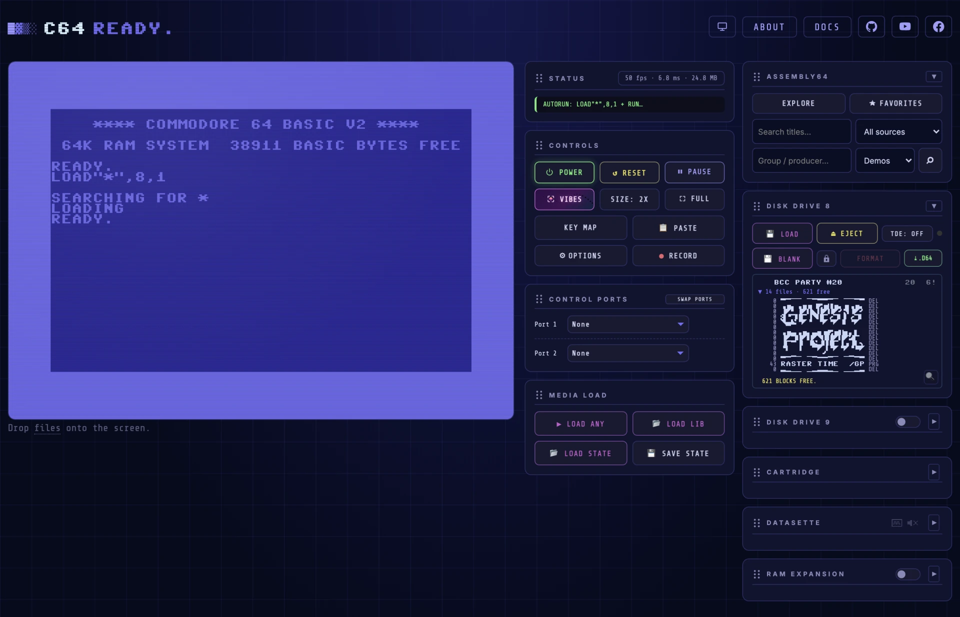 The interface running the raster_time demo: dense, colourful rasterbars beneath the scrolling logo, while a disk sits in drive 8.