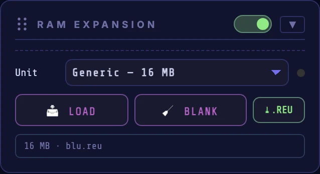 The RAM Expansion card switched on, with a Generic 16 MB unit selected, LOAD, BLANK and .REU buttons, and a loaded blu.reu image.