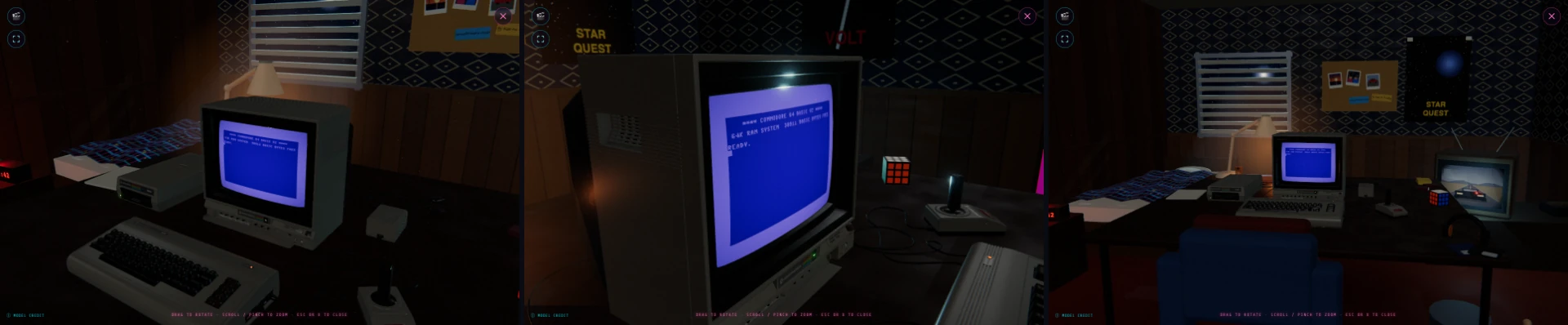 Three views of the 80s Bedroom scene: a messy 1980s teenager's bedroom at night: the C64 on a faux-wood desk under an amber lamp, a plaid-duvet bed, venetian blinds, taped-up posters and a corkboard, a wood-grain CRT, a boombox and scattered clutter.