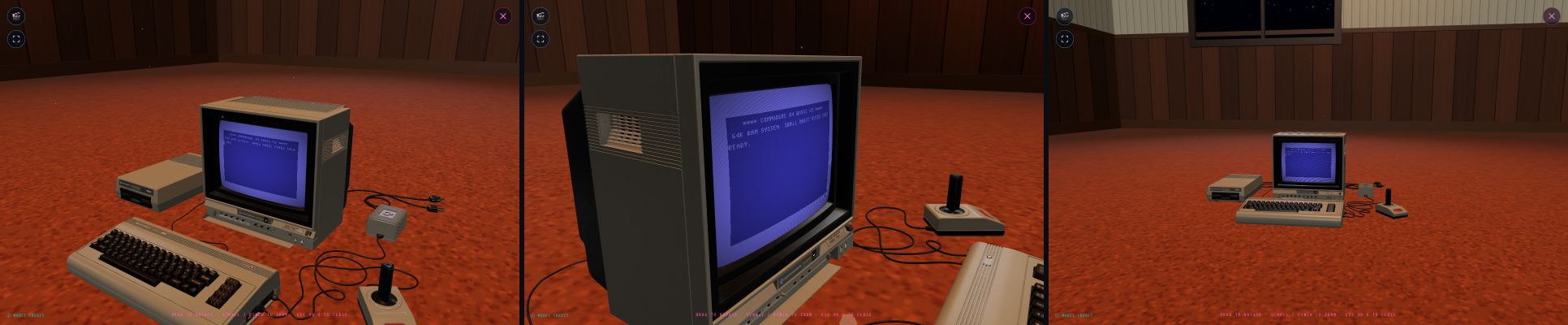 Three views of the 80s Room scene — the machine set up in a wood-panelled 1980s living room.