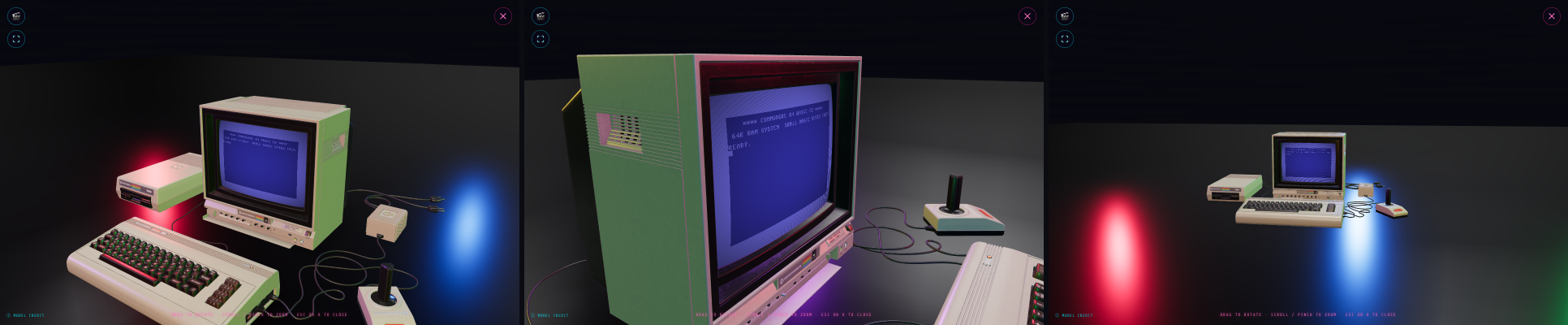 Three views of the Arcade scene — the C64 in the neon glow of an 80s arcade.