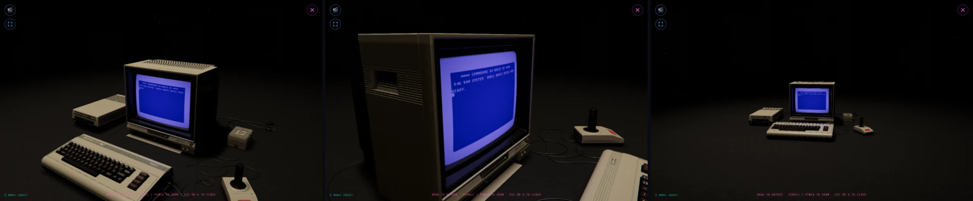 Three views of the Spotlight scene: the setup picked out of pitch darkness by a single warm overhead spotlight, grounded on a matte studio floor while the live CRT softly colours its surroundings.