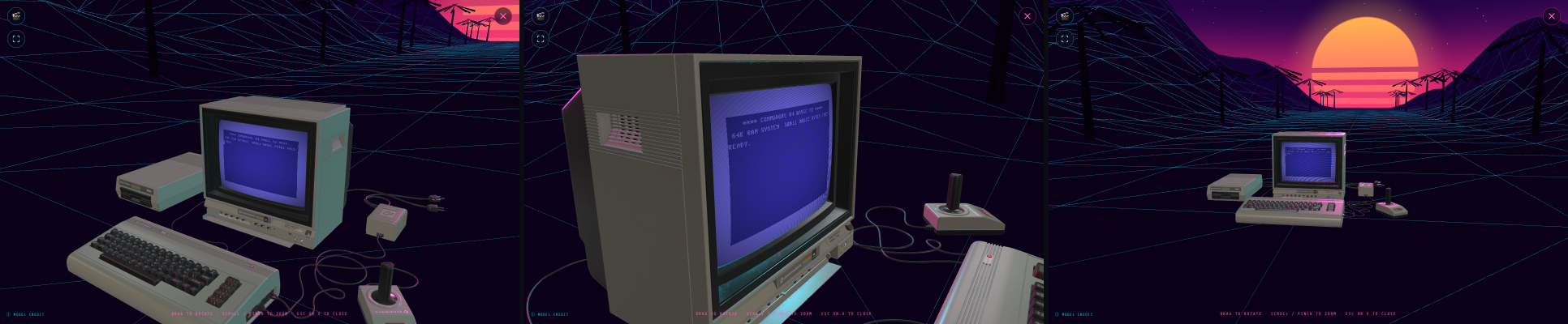 Three views of the Synthwave scene — the C64 setup on a glowing neon grid under a banded Outrun sun and wireframe mountains.