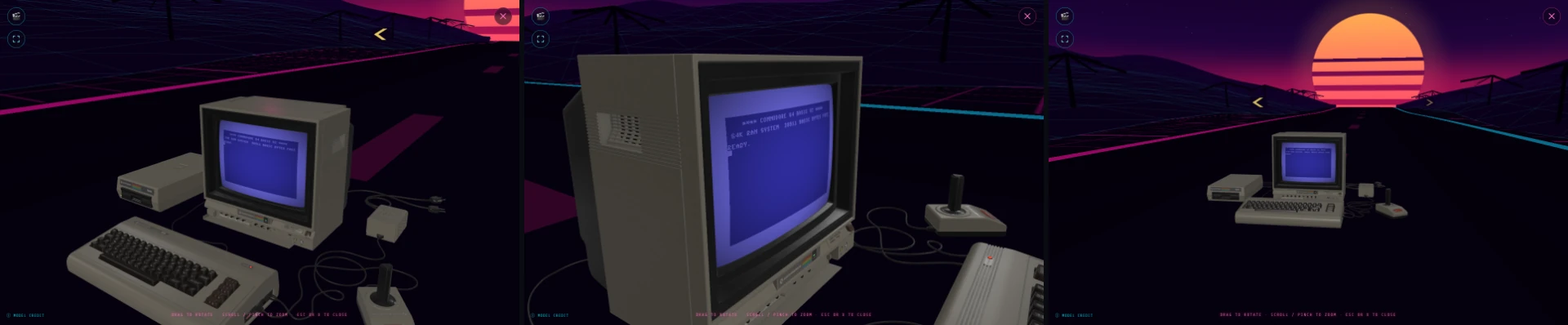 Three views of the Synthwave scene: the C64 setup on a glowing neon grid under a banded Outrun sun and wireframe mountains.