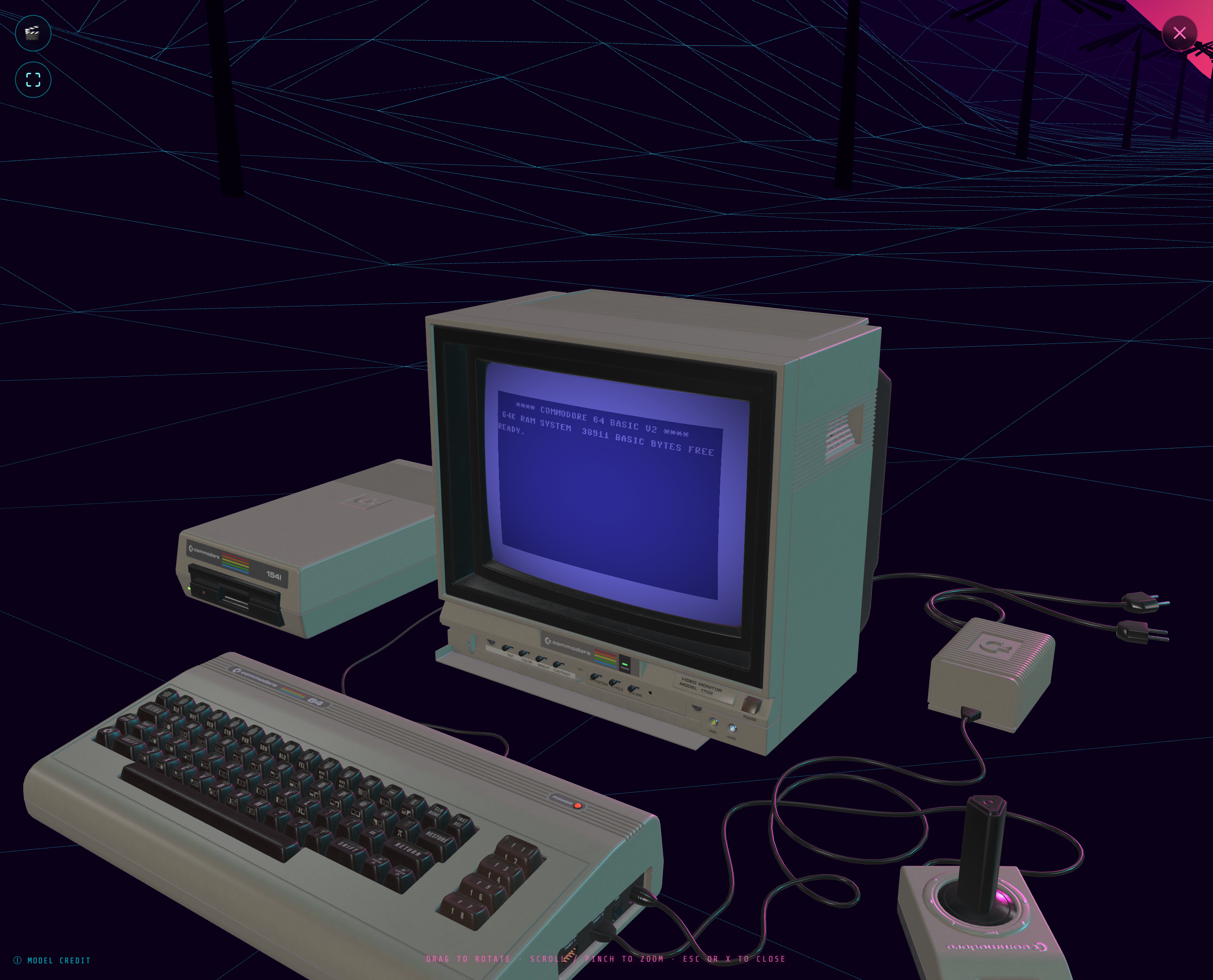 The Retro Vibes 3D scene — a Commodore 64, 1541 drive and 1702 monitor in a neon synthwave landscape.