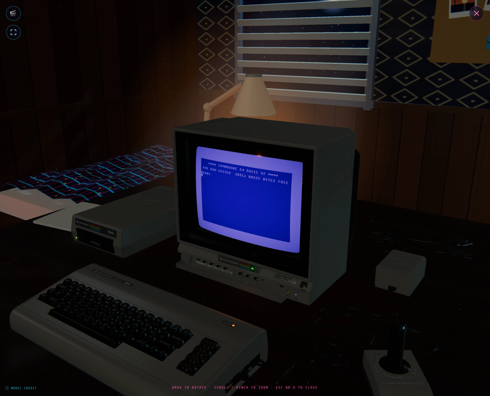 The Retro Vibes 3D scene: a Commodore 64, 1541 drive and 1702 monitor on the desk of a darkened 1980s bedroom, lit by a desk lamp, with venetian blinds and a corkboard on the wall behind.
