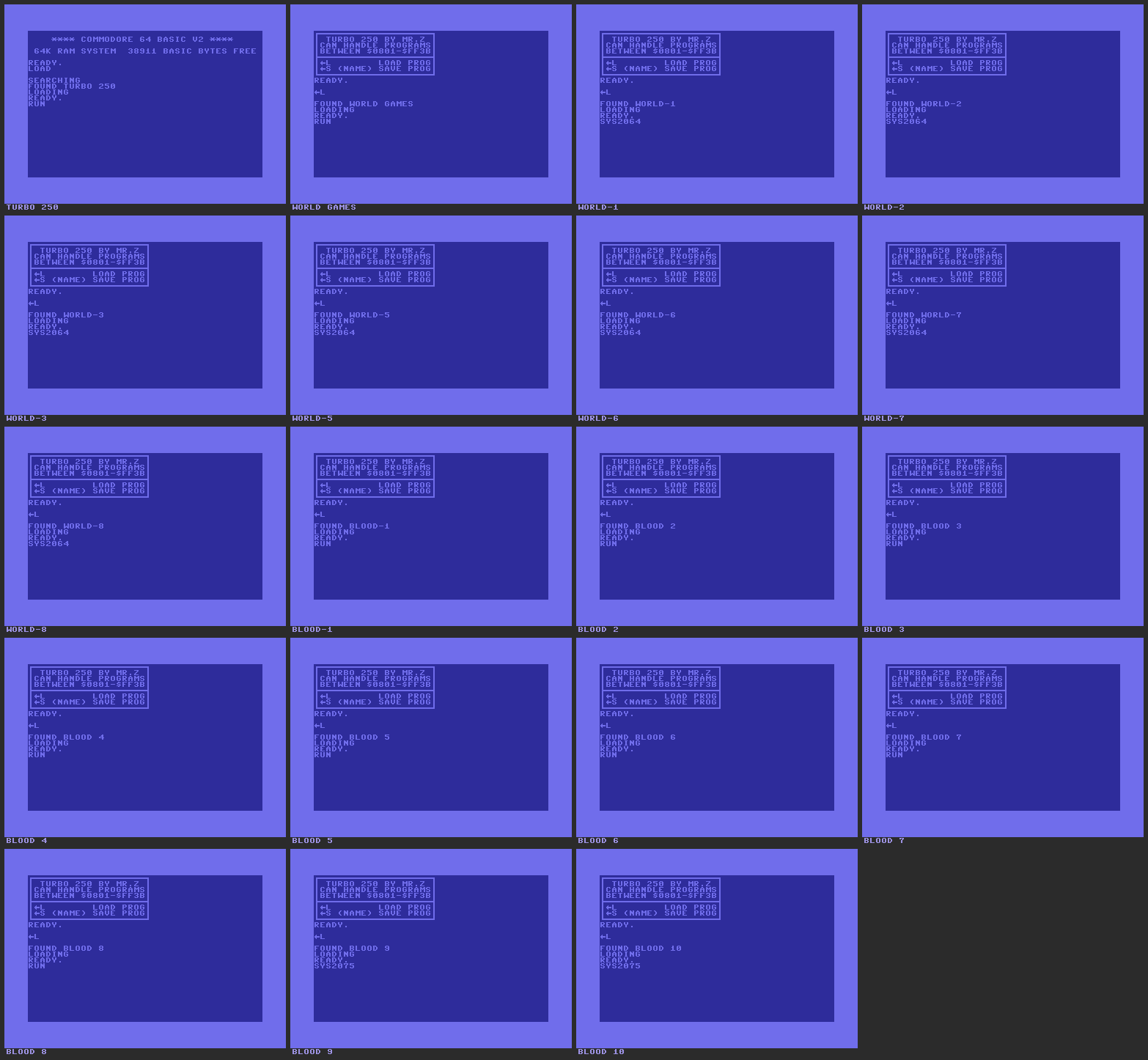 Every program on one restored tape side running at once: nineteen tiles, each a game's own screen, captioned with its name.