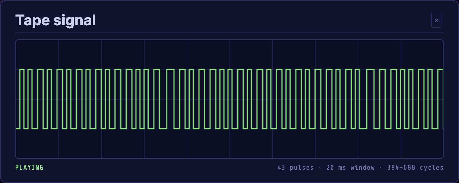 The Tape signal dialog: a green square wave of varying pulse widths on a graticule, reading PLAYING at the bottom left and "43 pulses · 20 ms window · 384–688 cycles" at the right.