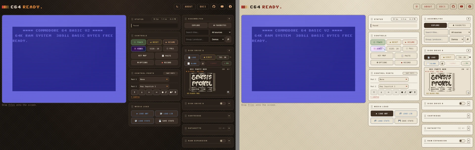 Breadbin: brown keyboard with cream text and orange accents in dark mode, the beige case outlined in key brown with red and blue accents in light mode.