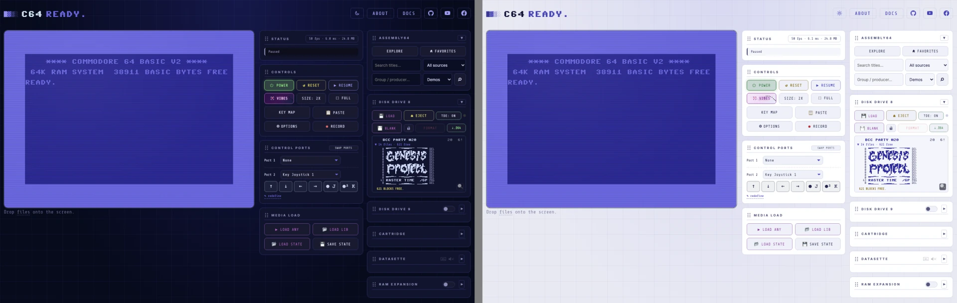 Classic: deep VIC blue in dark mode, white Paper panels with blue text in light mode.