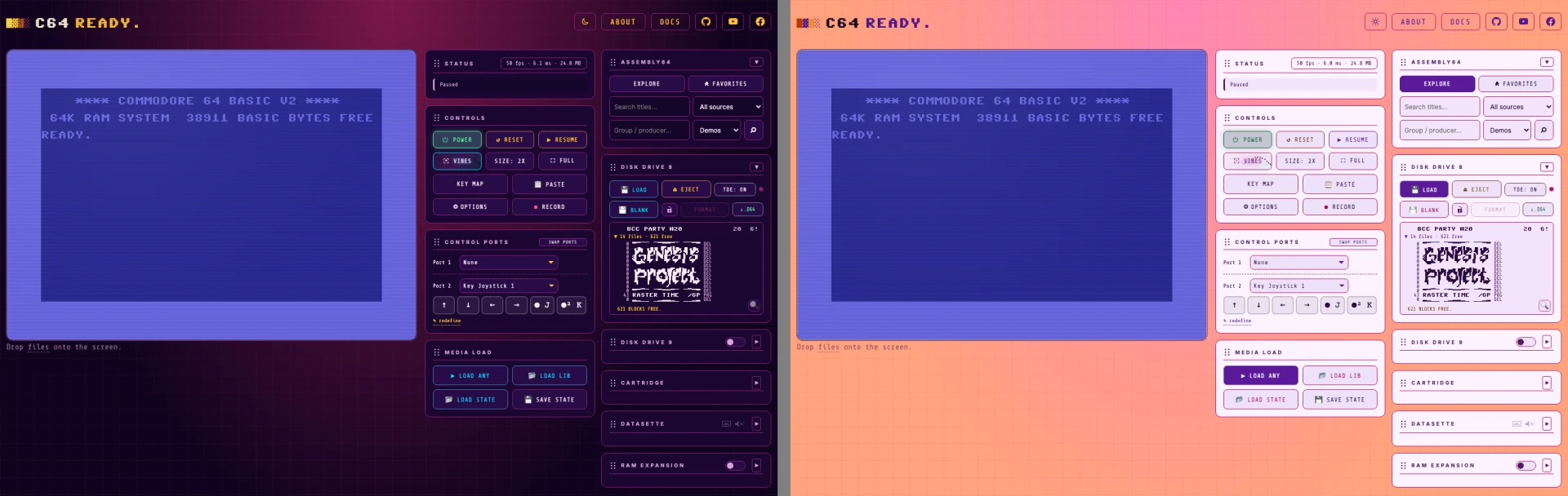 Out Run: a magenta horizon glow over violet night with yellow and cyan accents in dark mode, a pink-to-orange sunset sky with lilac panels and magenta edges in light mode.