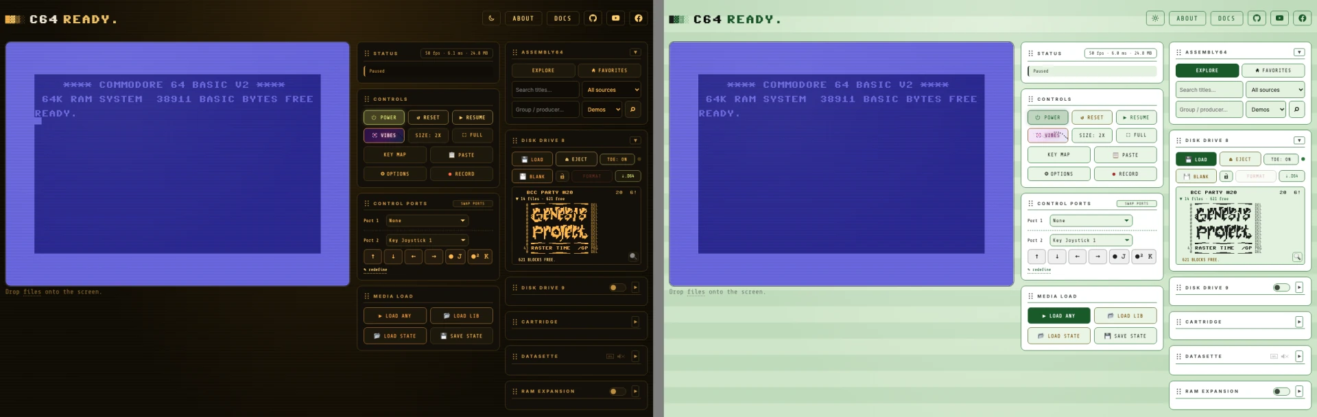 Phosphor: amber on black in dark mode, black ink on white paper ruled in green over a green-bar page in light mode.