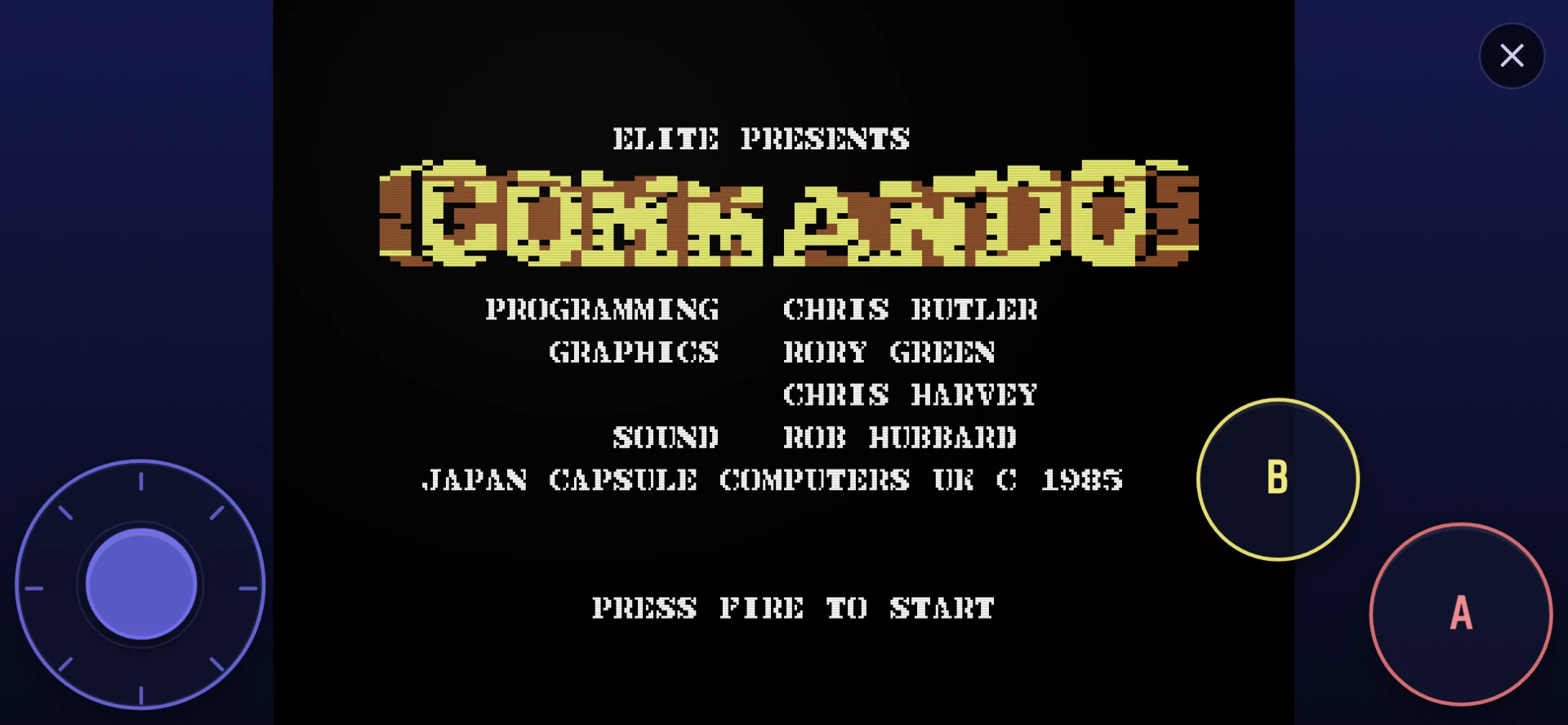 The touch joystick in landscape fullscreen: the eight-way circular stick at the lower-left and the A / B fire buttons at the lower-right, over a game (Commando's title screen) filling the display.