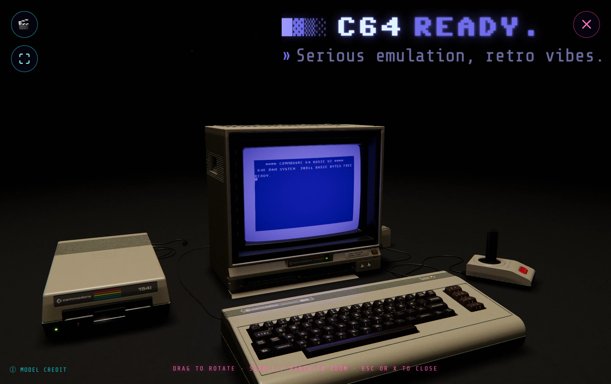 Retro Vibes: the Spotlight scene, with the live C64 READY. screen playing on the modelled 1702 monitor.