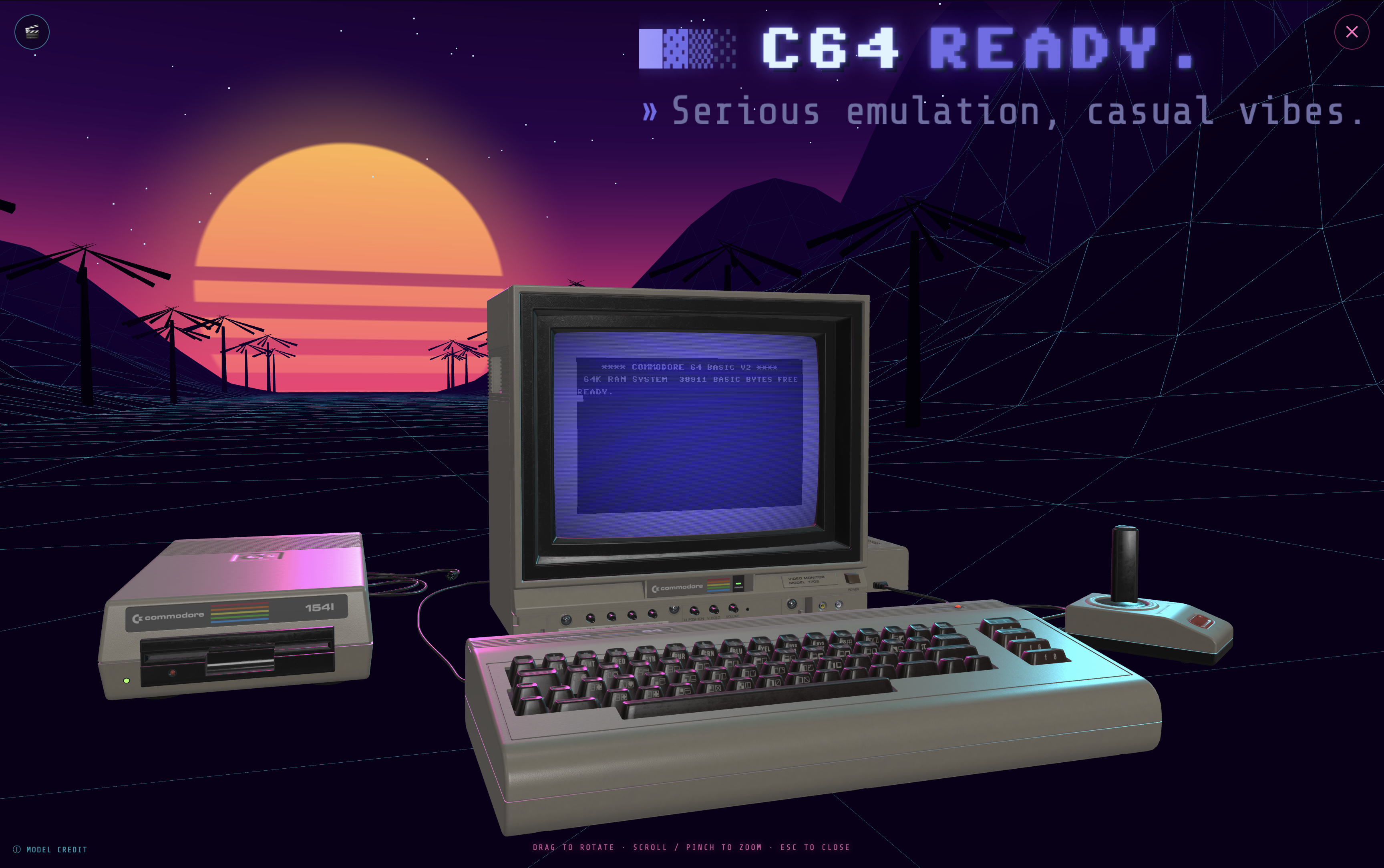 Retro Vibes — the Synthwave scene, with the live C64 READY. screen playing on the modelled 1702 monitor.