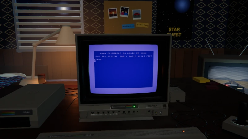 The 80s bedroom scene: the 1702 monitor glowing on a lamplit desk beside the C64 and its 1541 drive, the BASIC READY screen on the CRT
